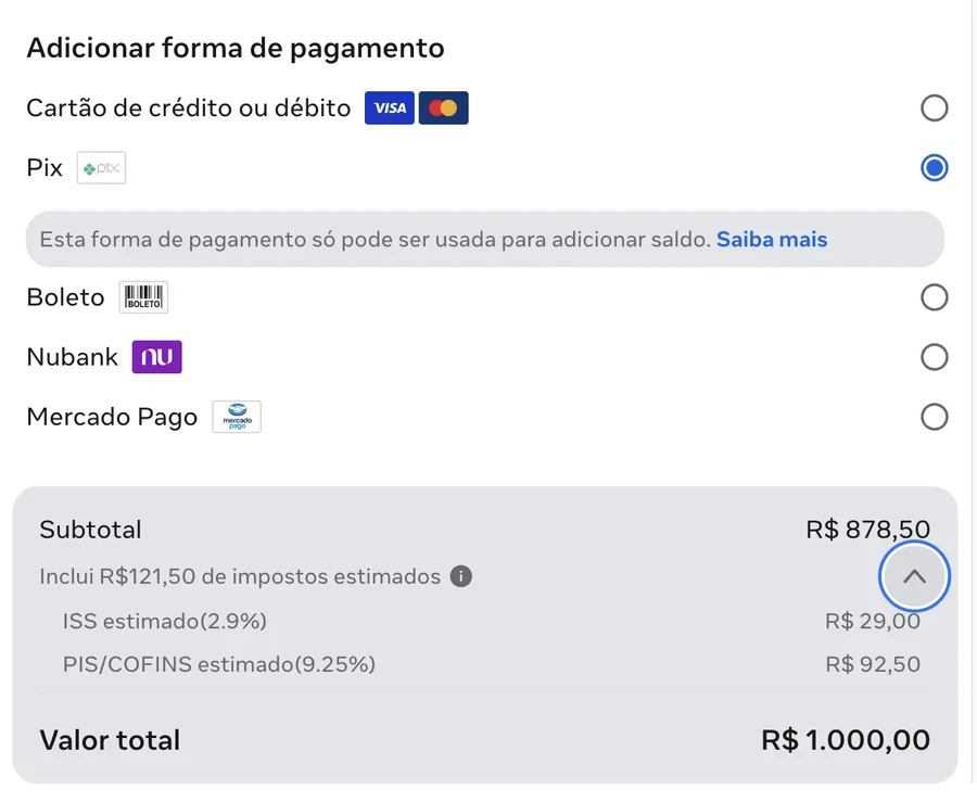 Tela de pagamento do Meta Ads mostrando um depósito de R$ 1.000,00 com R$ 121,50 de impostos estimados, divididos em ISS (2,9% = R$ 29,00) e PIS/COFINS (9,25% = R$ 92,50)
